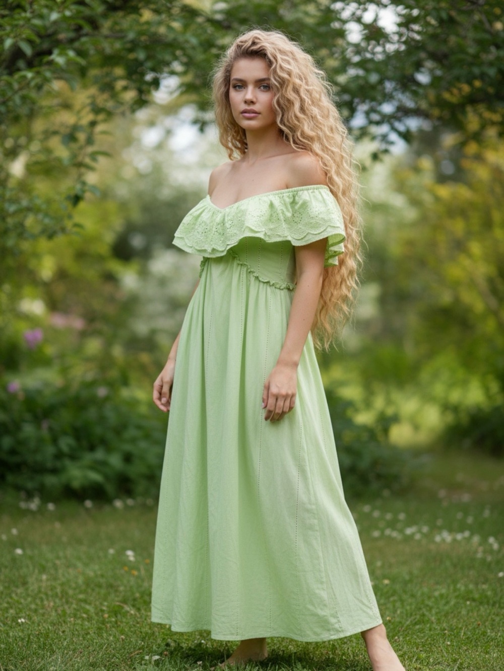 ZABA-  Lime Green Ruffle Maxi Dress